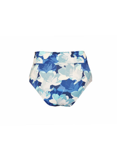 Ribbed blue floral pattern bikini bottoms made from recycled sustainable material. The bikini bottoms have a tie up waist and can be high waisted or worn lower down