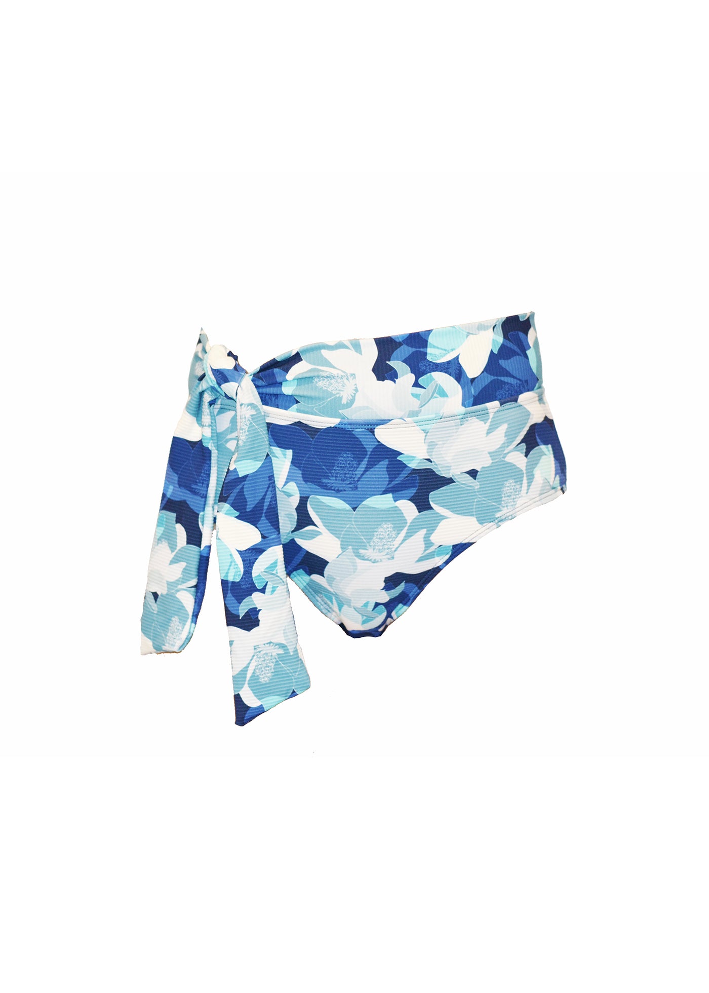 Ribbed blue floral pattern bikini bottoms made from recycled sustainable material. The bikini bottoms have a tie up waist and can be high waisted or worn lower down