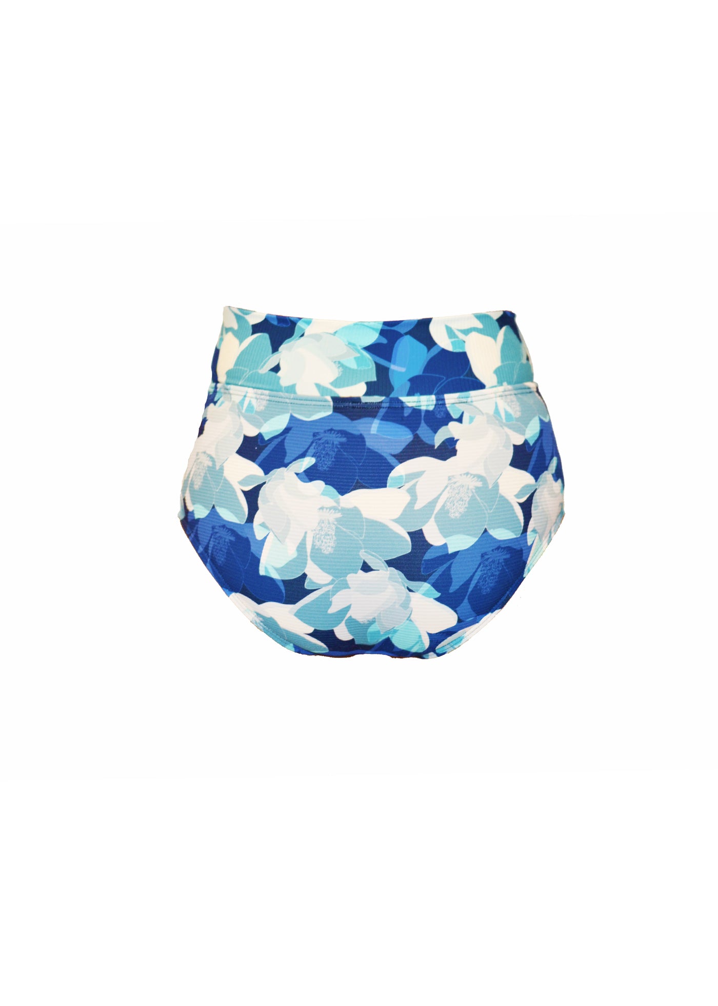 Ribbed blue floral pattern bikini bottoms made from recycled sustainable material. The full coverage bikini bottoms have a tie up waist and can be high waisted or worn lower down