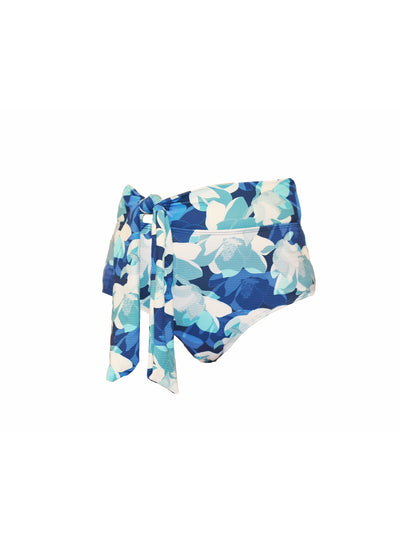 Ribbed blue floral pattern bikini bottoms made from recycled sustainable material. The full coverage bikini bottoms have a tie up waist and can be high waisted or worn lower down