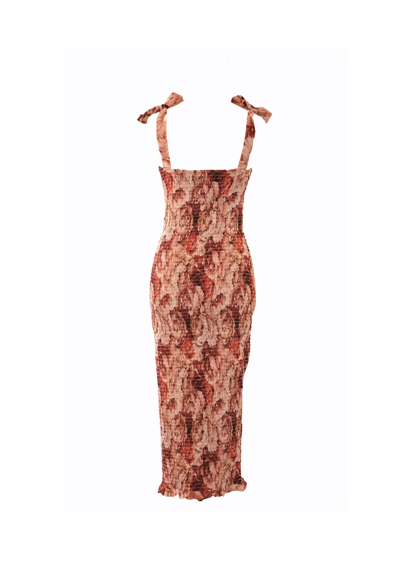 A shirred bodycon dress with tie up straps. A midi length dress with a red floral pattern