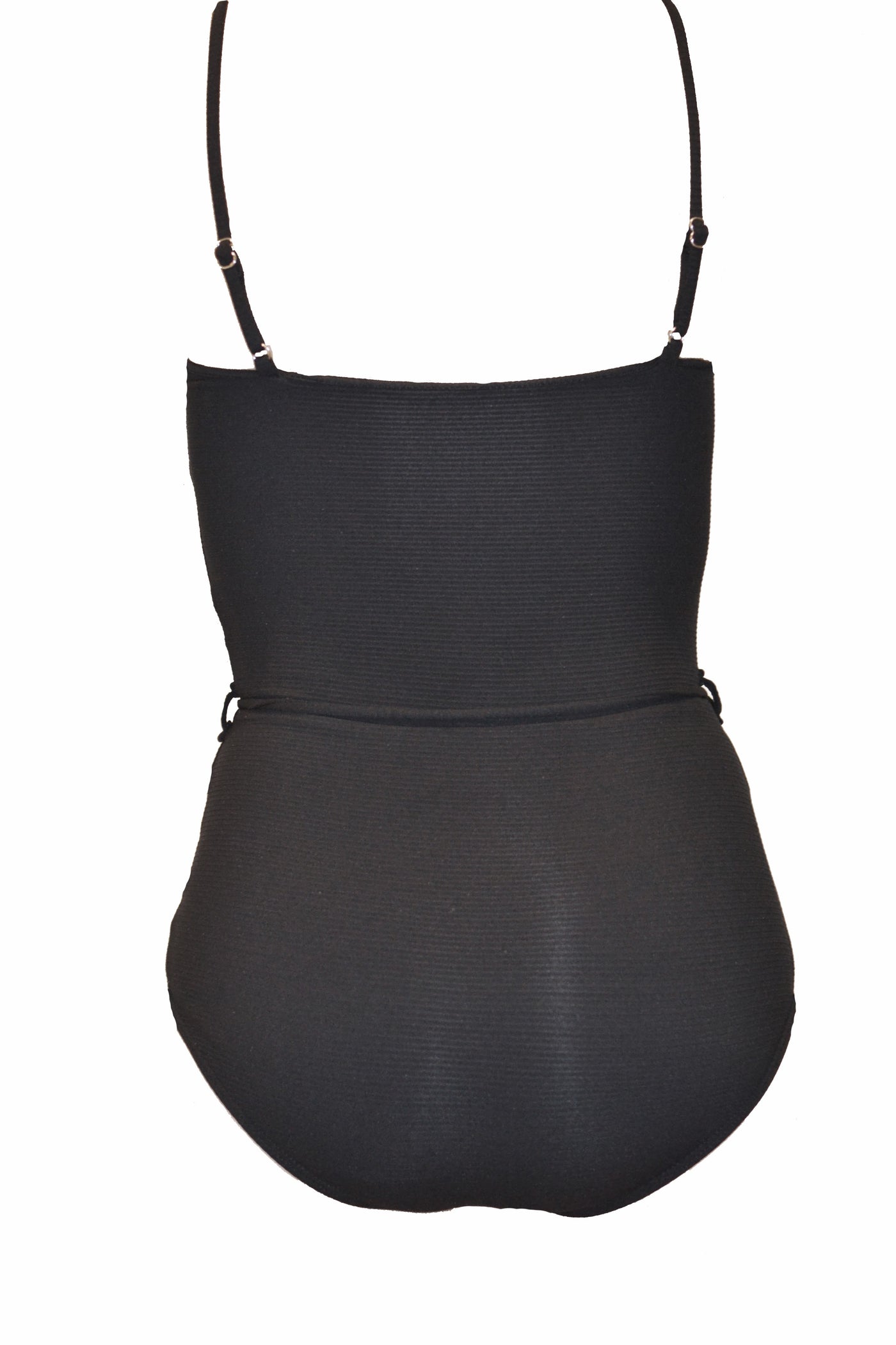 A black rib one piece swimsuit that has thin straps and waist tie. The swimsuit is made from recycled, sustainable material