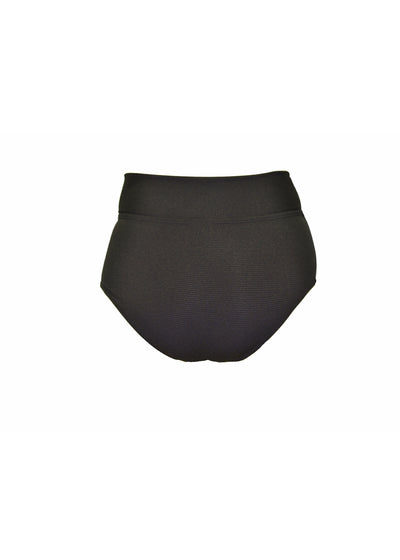 Black rib bikini bottoms made from recycled sustainable material. The full coverage bikini bottoms have a tie up waist and can be high waisted or worn lower down