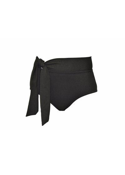 Black rib bikini bottoms made from recycled sustainable material. The full coverage bikini bottoms have a tie up waist and can be high waisted or worn lower down