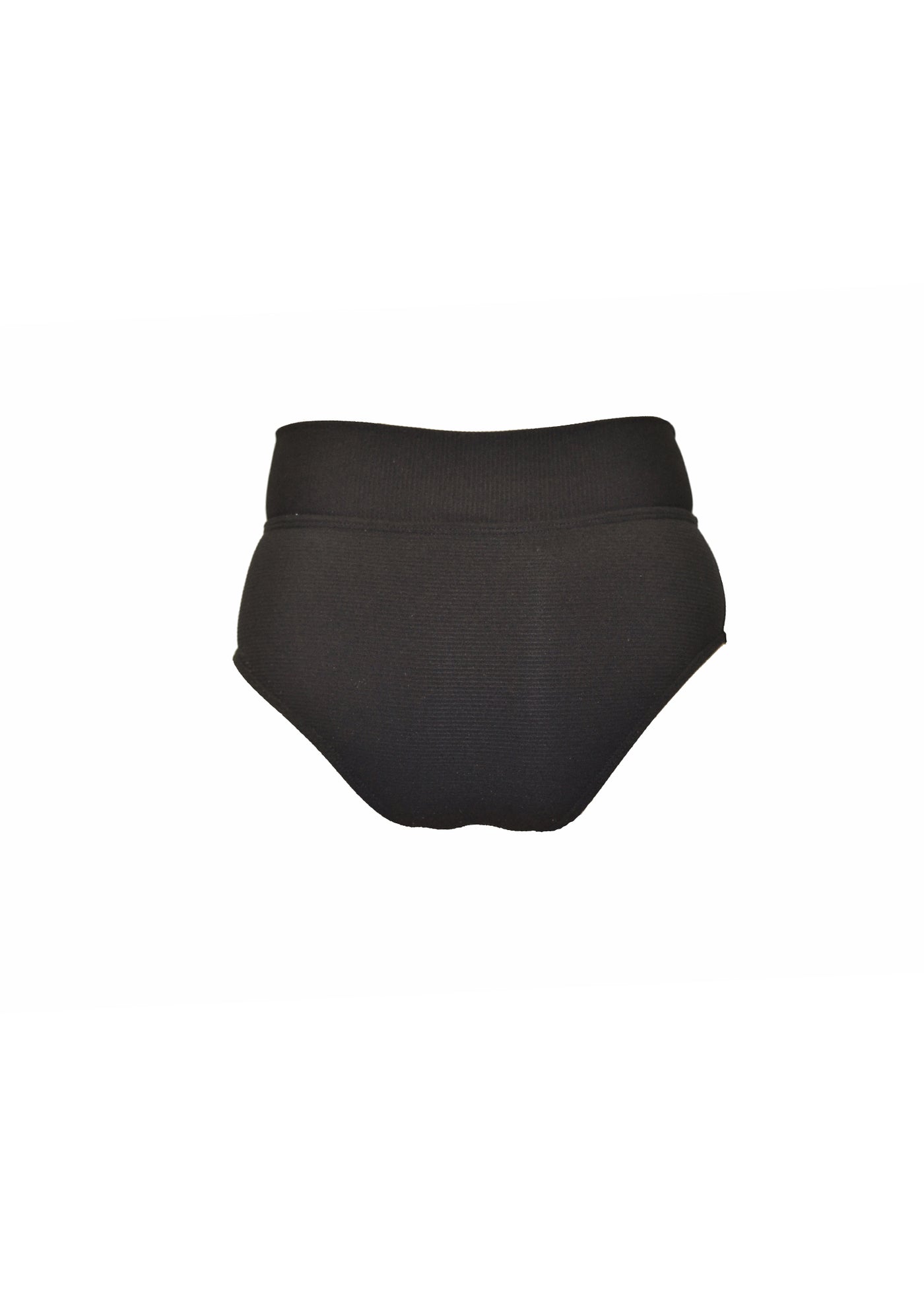 Ribbed Black bikini bottoms made from recycled sustainable material. The bikini bottoms have a tie up waist and can be high waisted or worn lower down