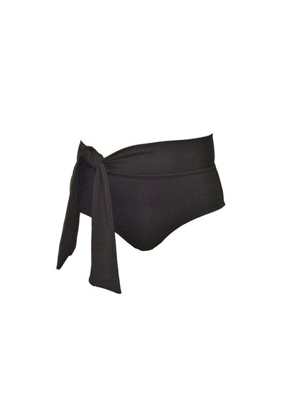 Ribbed Black bikini bottoms made from recycled sustainable material. The bikini bottoms have a tie up waist and can be high waisted or worn lower down