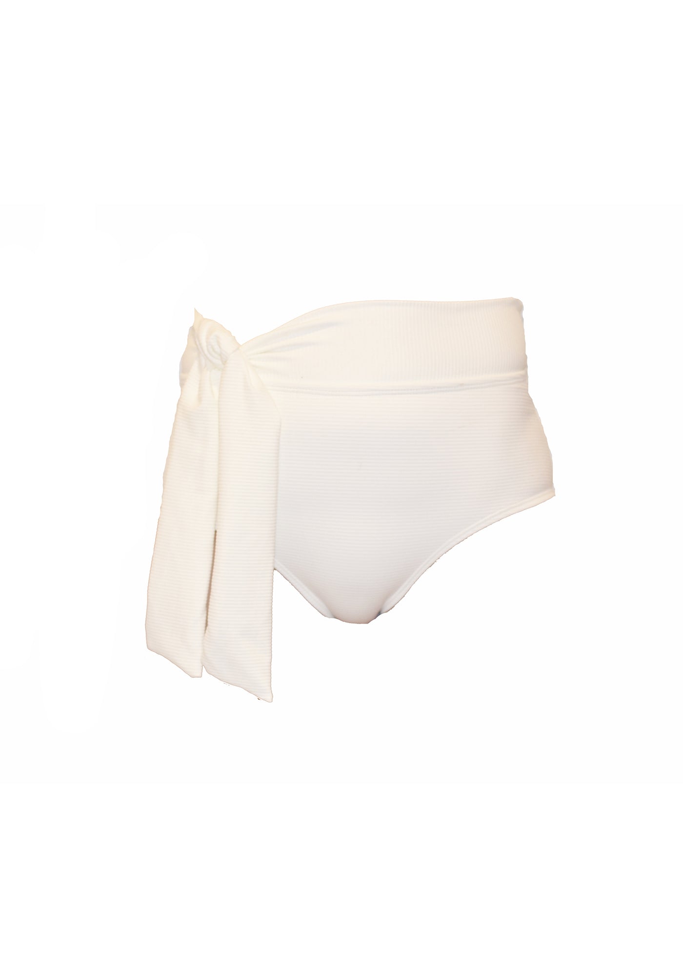 Ribbed white bikini bottoms made from recycled sustainable material. The full coverage bikini bottoms have a tie up waist and can be high waisted or worn lower down