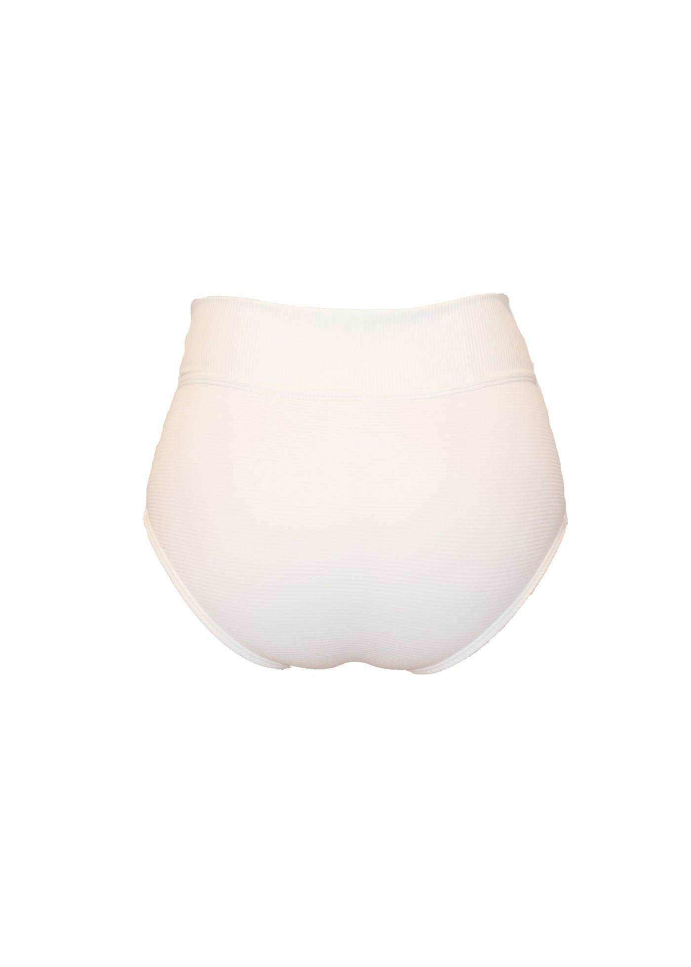 Ribbed white bikini bottoms made from recycled sustainable material. The full coverage bikini bottoms have a tie up waist and can be high waisted or worn lower down