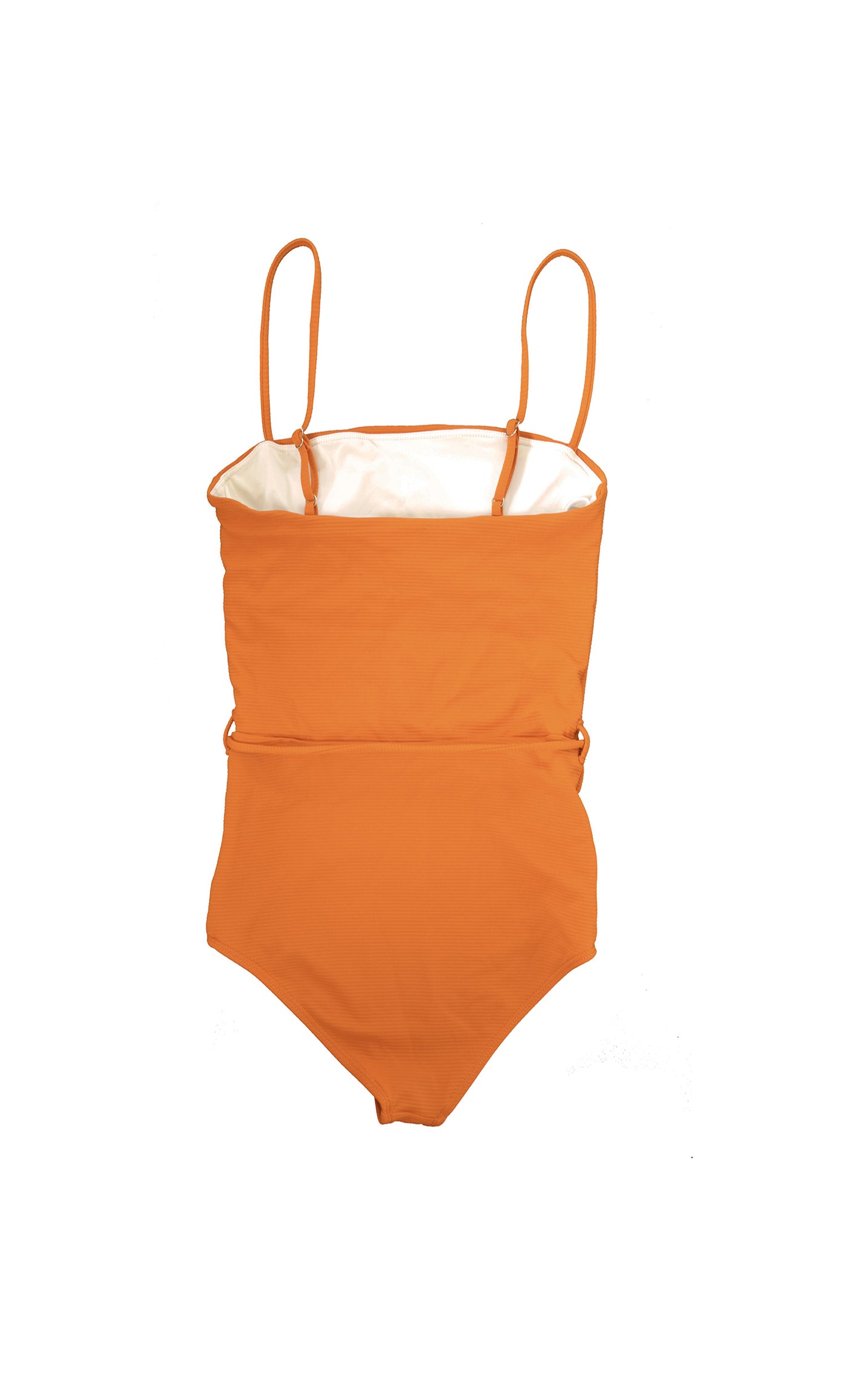 An orange rib one piece swimsuit that has thin straps and waist tie. The swimsuit is made from recycled, sustainable material