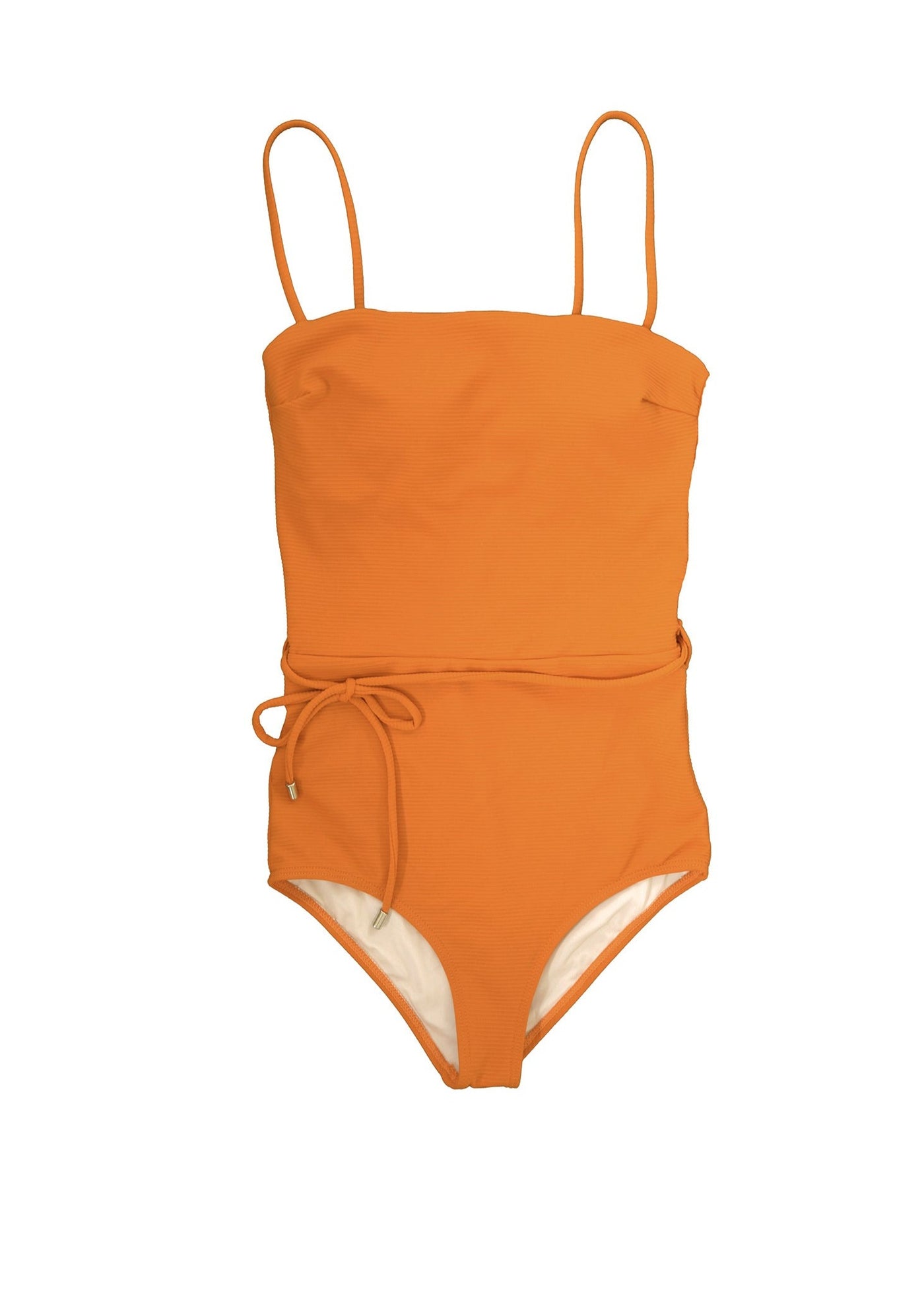 An orange rib one piece swimsuit that has thin straps and waist tie. The swimsuit is made from recycled, sustainable material