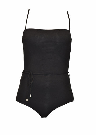 Black rib one piece swimsuit with waist tie and thin straps