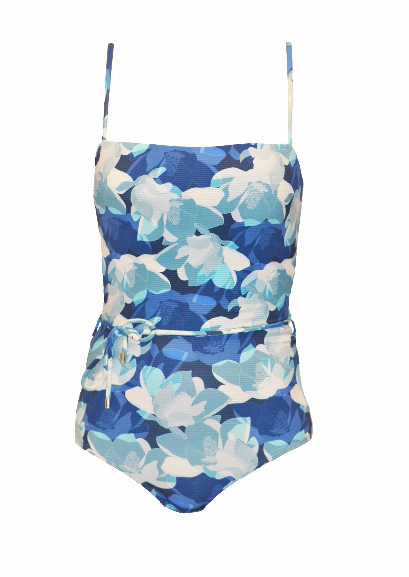 A blue floral pattern one piece swimsuit that has thin straps and waist tie. The swimsuit is made from recycled, sustainable material