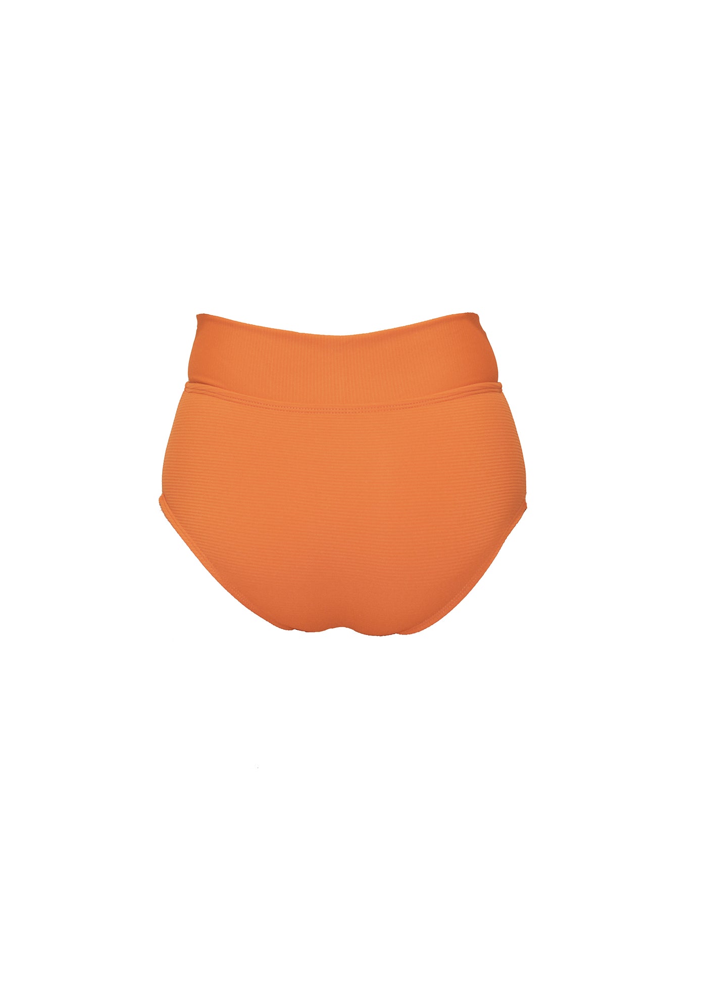 Orange rib bikini bottoms made from recycled sustainable material. The full coverage bikini bottoms have a tie up waist and can be high waisted or worn lower down