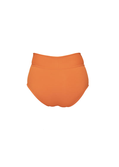 Orange rib bikini bottoms made from recycled sustainable material. The full coverage bikini bottoms have a tie up waist and can be high waisted or worn lower down