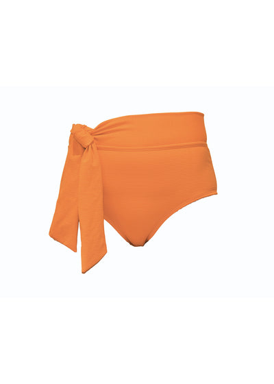 Orange rib bikini bottoms made from recycled sustainable material. The full coverage bikini bottoms have a tie up waist and can be high waisted or worn lower down