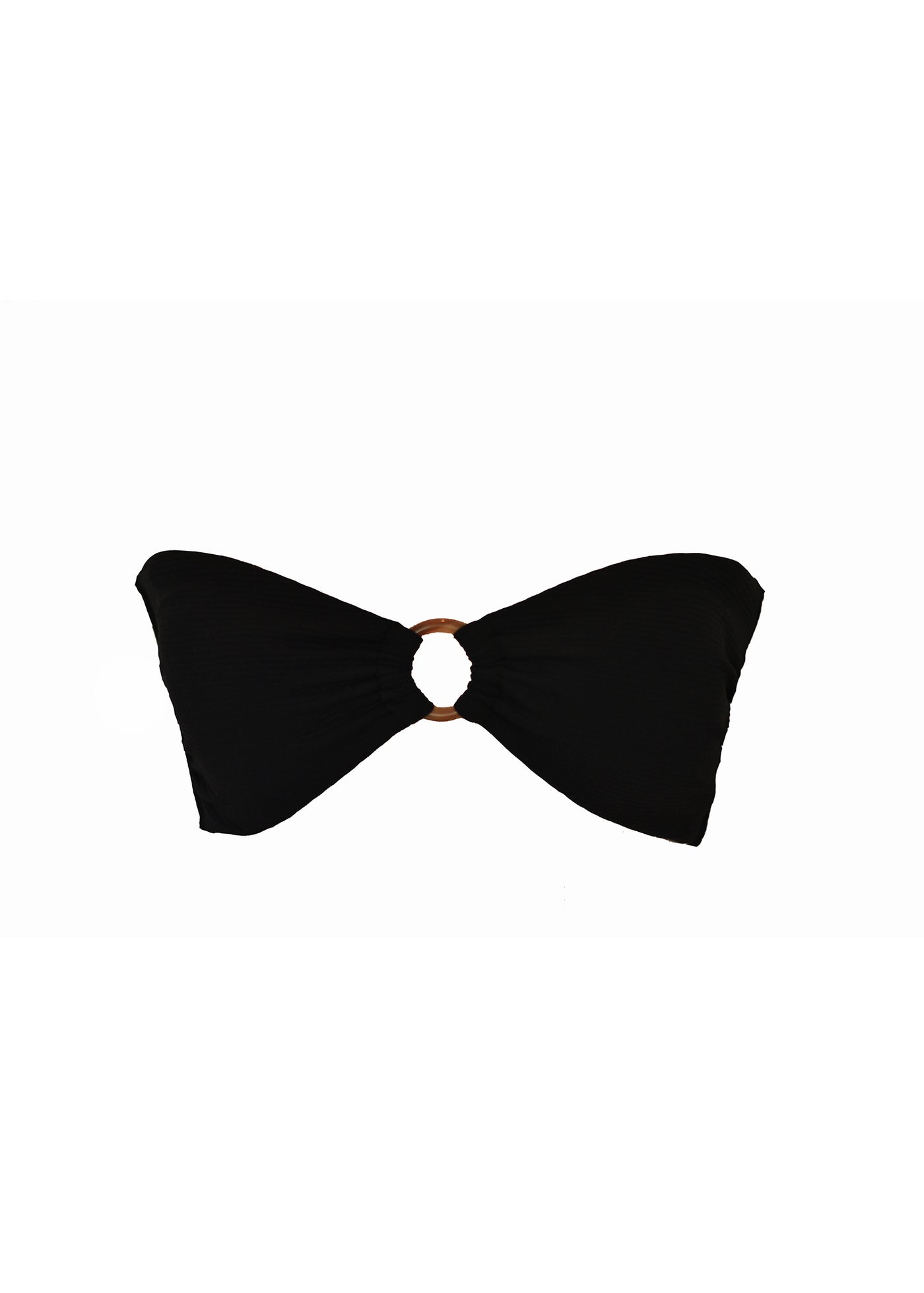 A Black rib bandeau style bikini top with ring in centre. Made from sustainable, recycled material