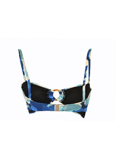 A ribbed blue floral pattern bandeau bikini top with ring in centre. Made from sustainable, recycled material