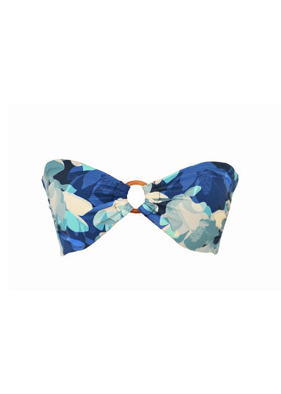 A ribbed blue floral pattern bandeau bikini top with ring in centre. Made from sustainable, recycled material