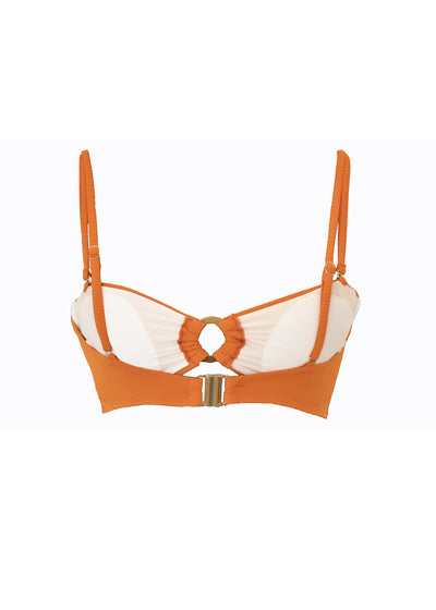 A ribbed orange bandeau bikini top with ring in centre. Made from sustainable, recycled material