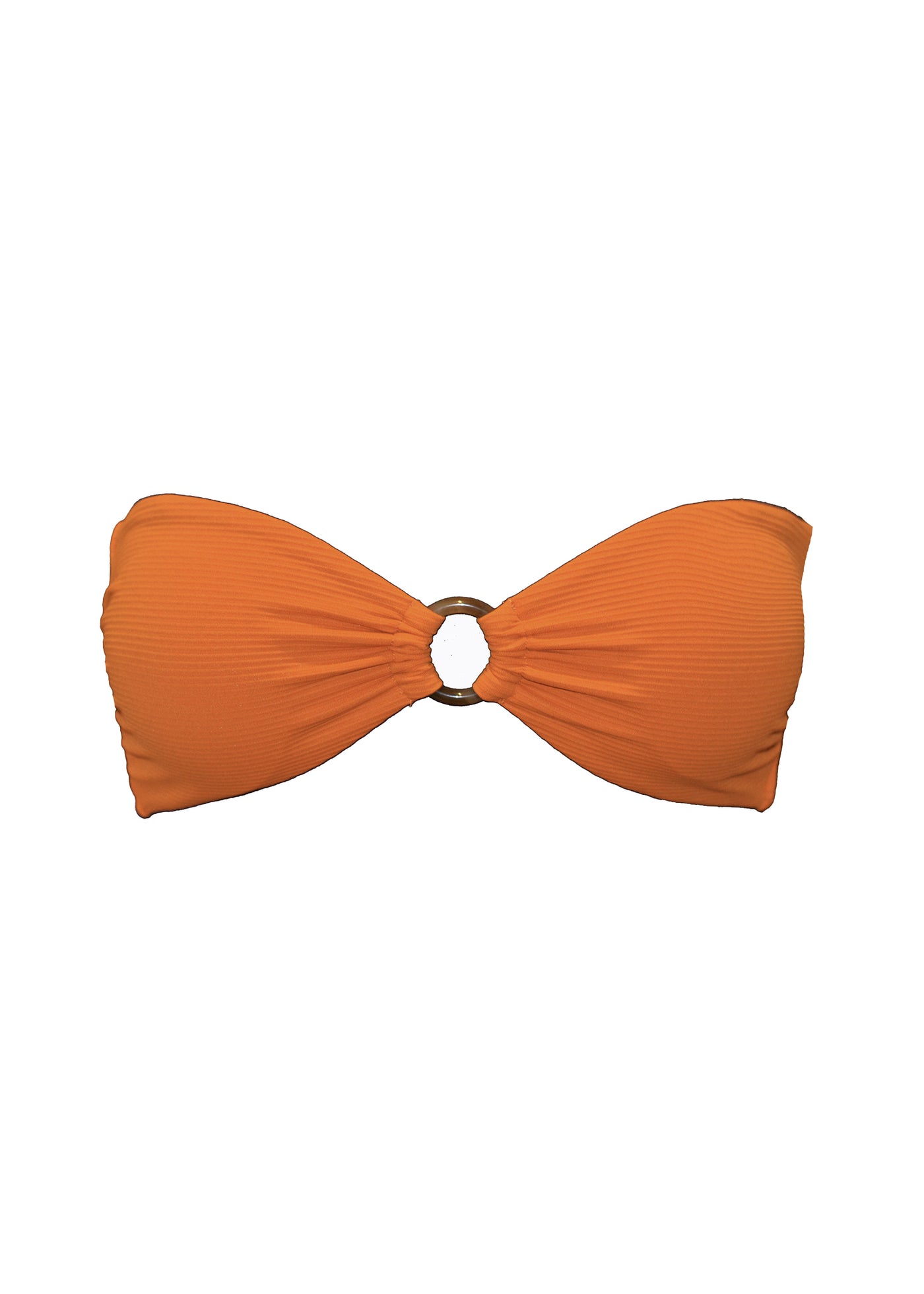 A ribbed orange bandeau bikini top with ring in centre. Made from sustainable, recycled material