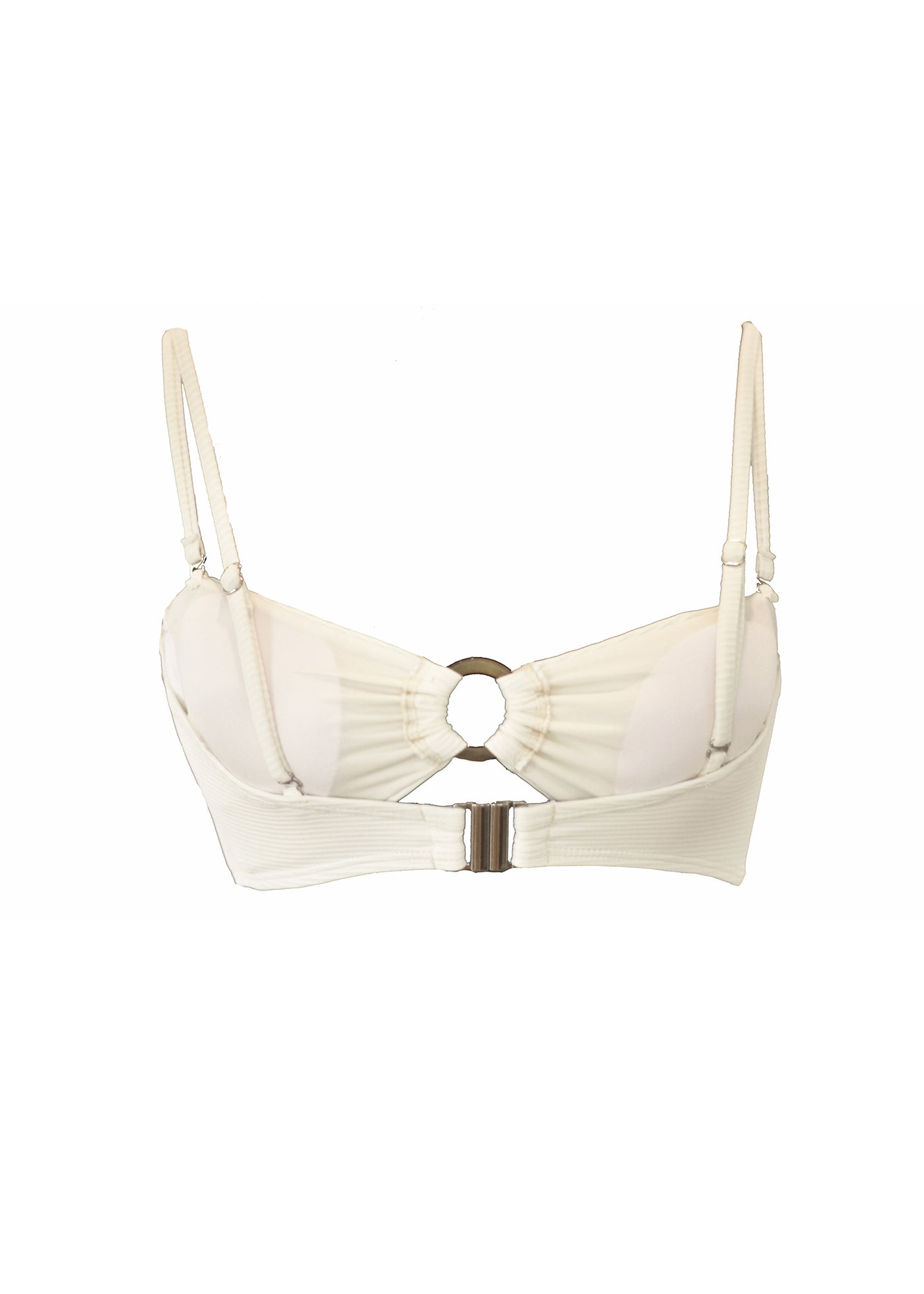 A ribbed white bandeau bikini top with ring in centre. Made from sustainable, recycled material