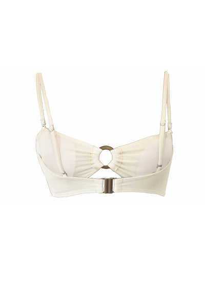 A ribbed white bandeau bikini top with ring in centre. Made from sustainable, recycled material