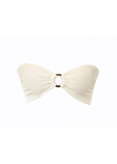 A ribbed white bandeau bikini top with ring in centre. Made from sustainable, recycled material