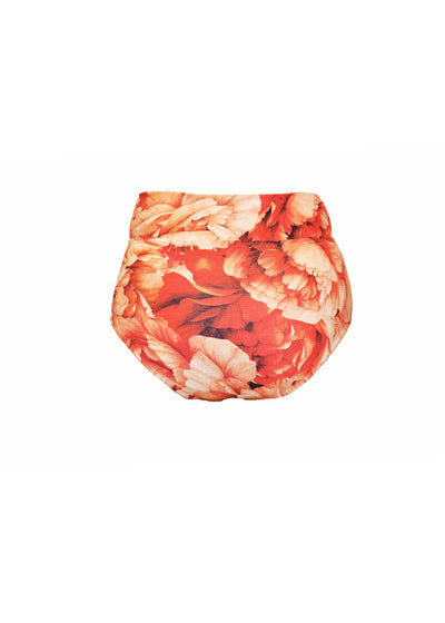 Ribbed red floral pattern bikini bottoms made from recycled sustainable material. The full coverage bikini bottoms have a tie up waist and can be high waisted or worn lower down