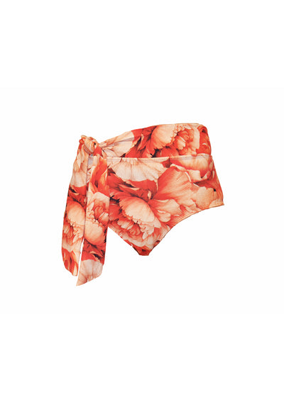 Ribbed red floral pattern bikini bottoms made from recycled sustainable material. The full coverage bikini bottoms have a tie up waist and can be high waisted or worn lower down