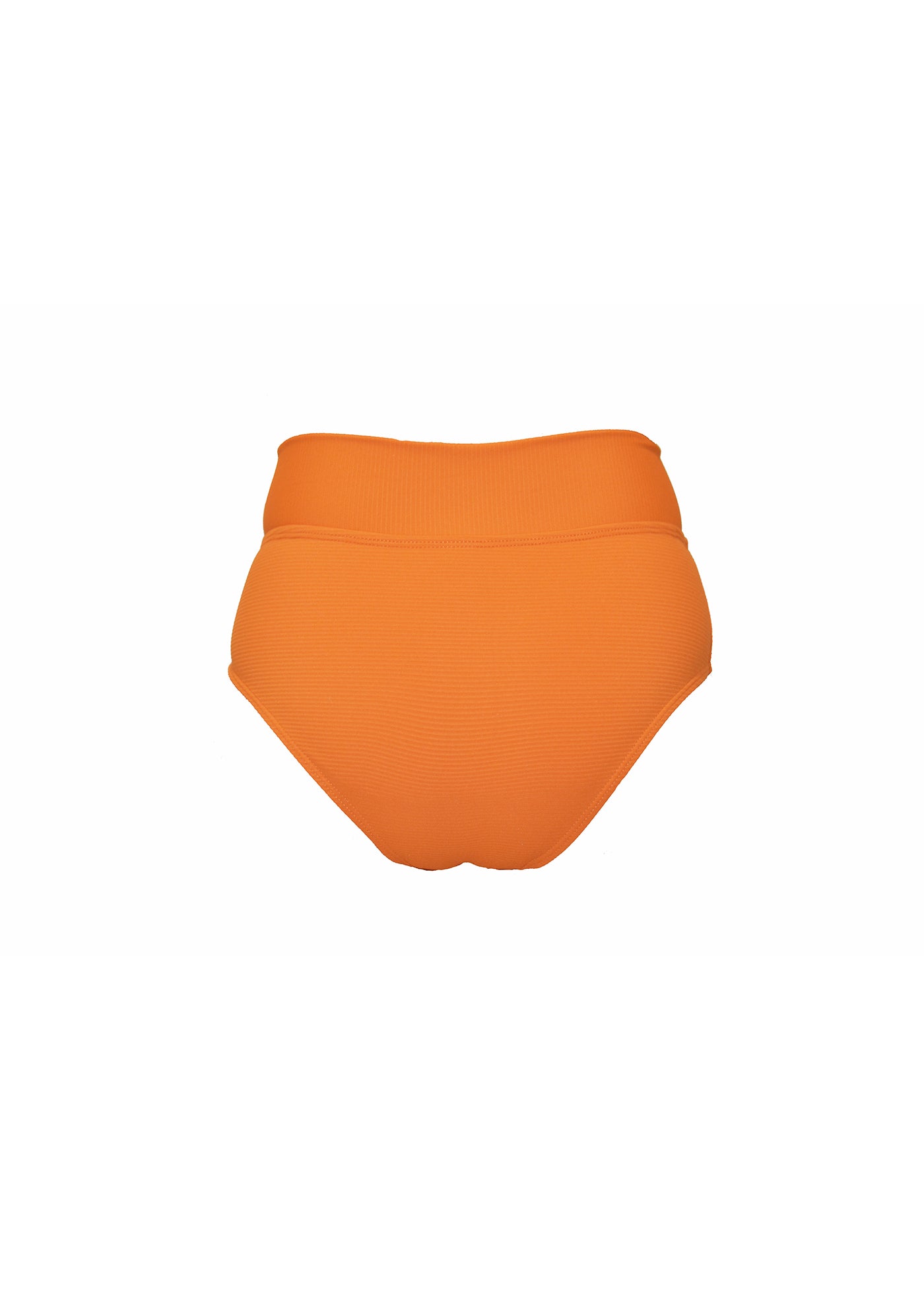 Ribbed Orange bikini bottoms made from recycled sustainable material. The bikini bottoms have a tie up waist and can be high waisted or worn lower down