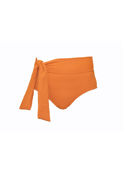 Ribbed Orange bikini bottoms made from recycled sustainable material. The bikini bottoms have a tie up waist and can be high waisted or worn lower down