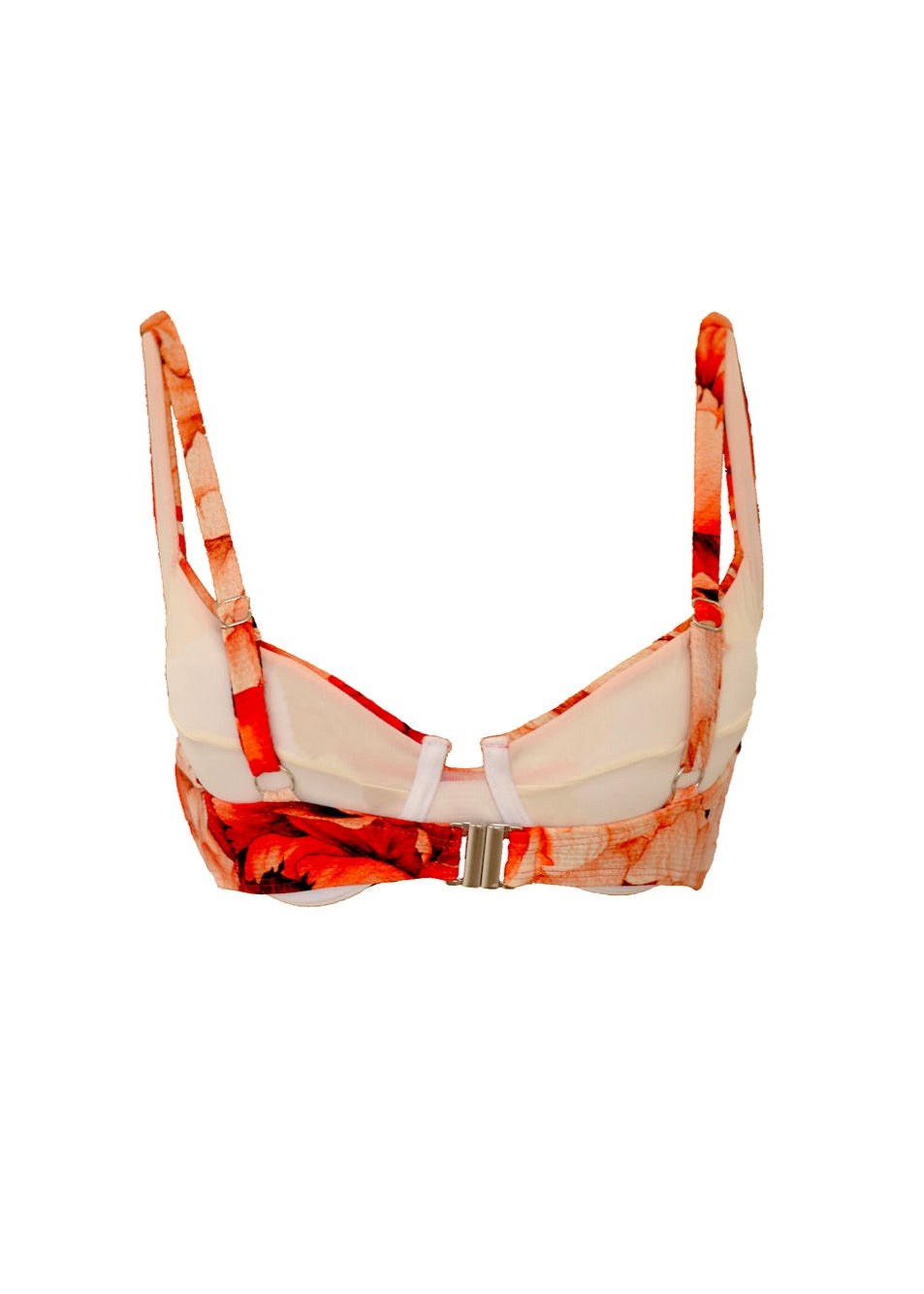 A ribbed red floral pattern underwire bikini top. The top is a balconette style and is made from recycled sustainable material