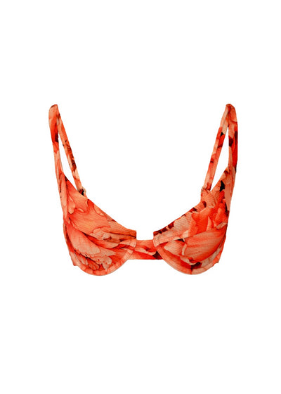 A ribbed red floral pattern underwire bikini top. The top is a balconette style and is made from recycled sustainable material