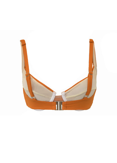 A ribbed orange pattern underwire bikini top. The top is a balconette style and is made from recycled sustainable material