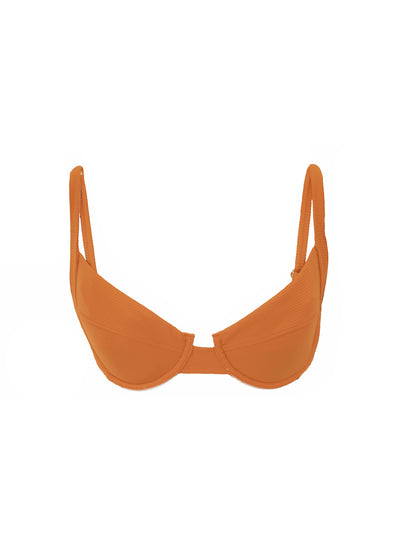 A ribbed orange pattern underwire bikini top. The top is a balconette style and is made from recycled sustainable material