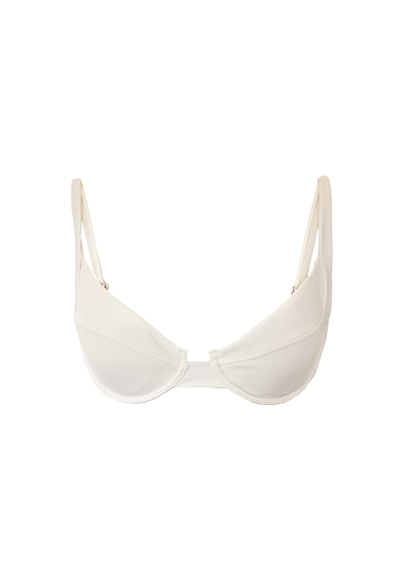 A ribbed white underwire bikini top. The top is a balconette style and is made from recycled sustainable material