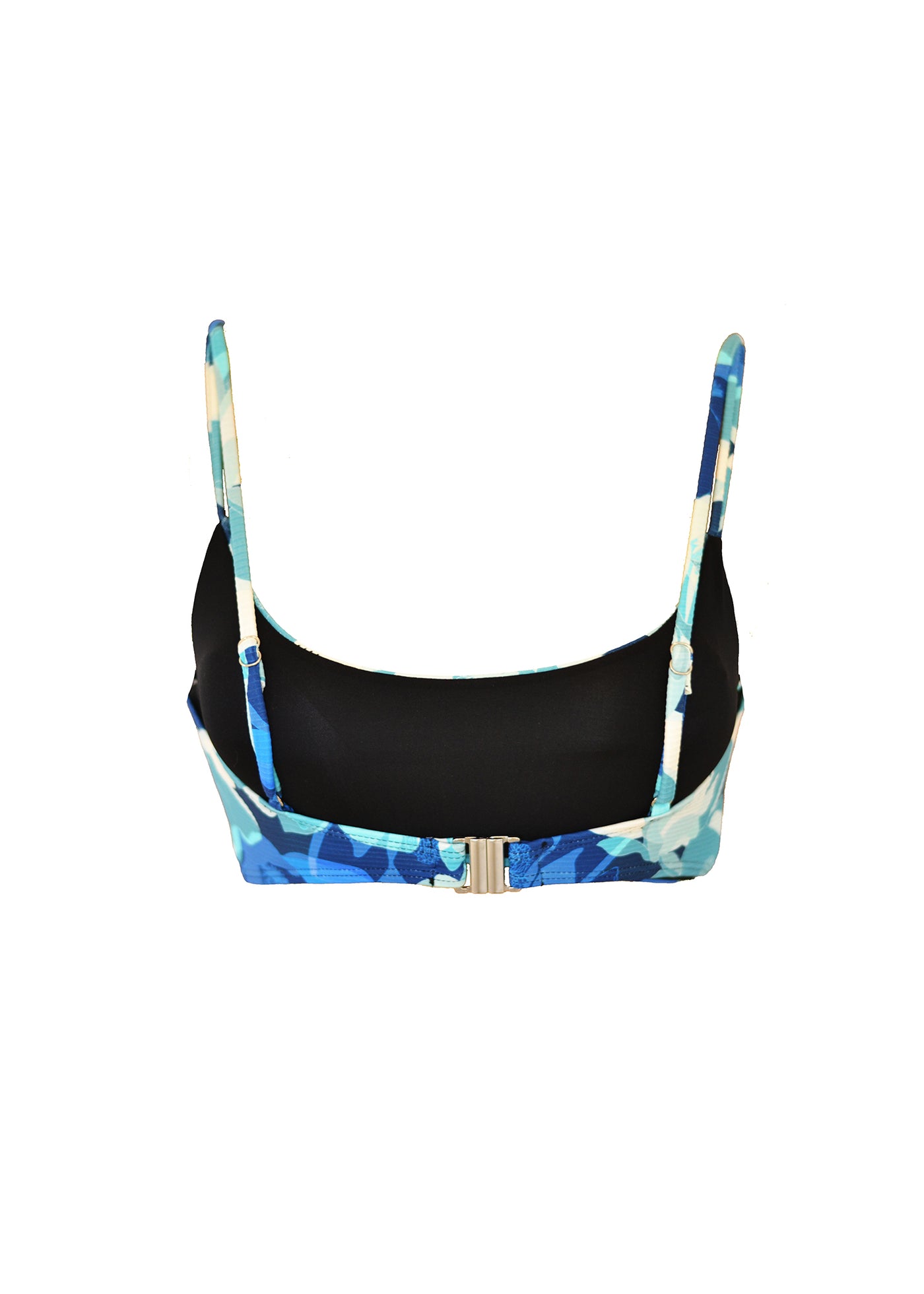 A  ribbed blue floral pattern bikini crop top with seam detail across the bust and thin straps. The bikini top is made from sustainable, recycled material