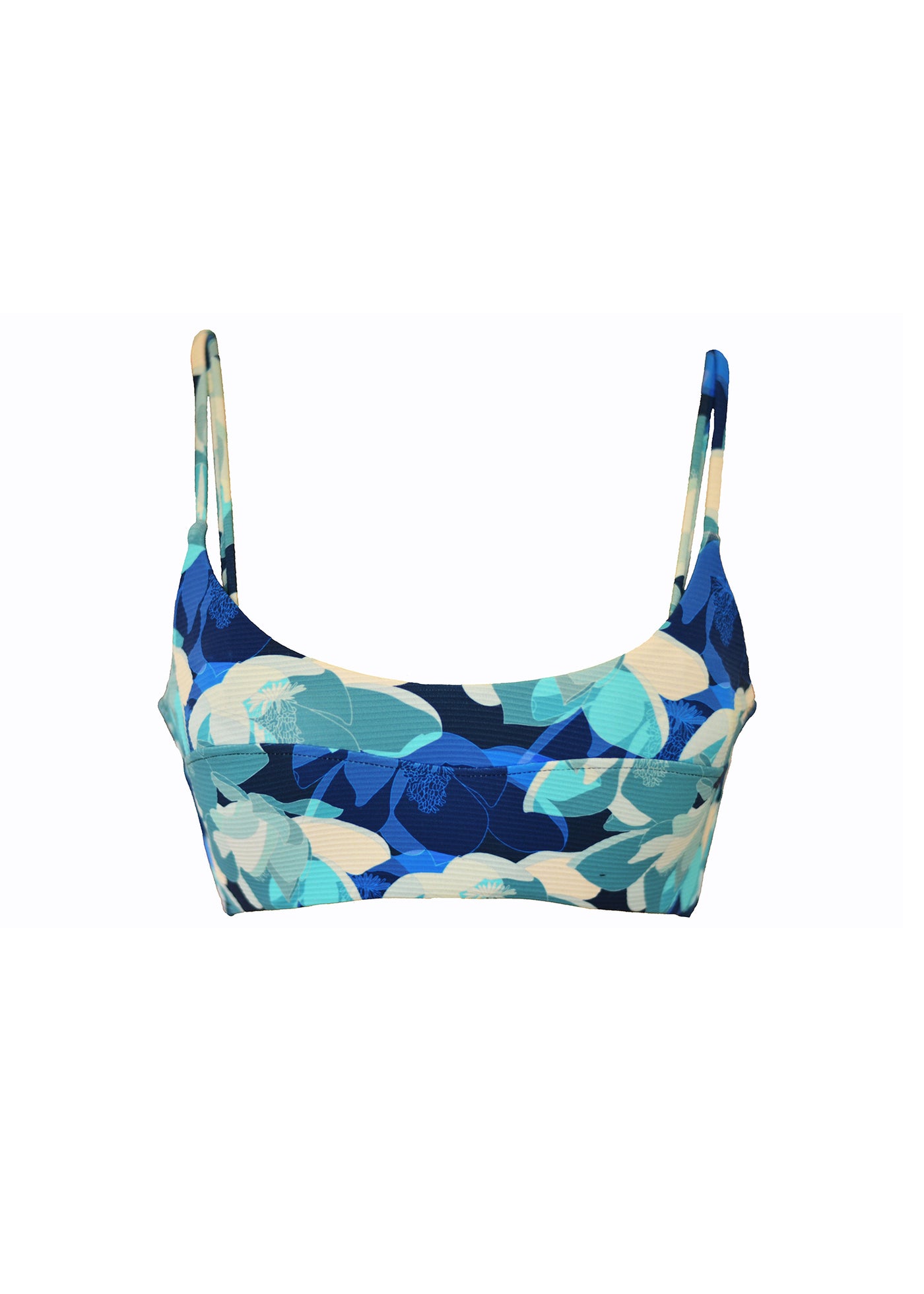 A  ribbed blue floral pattern bikini crop top with seam detail across the bust and thin straps. The bikini top is made from sustainable, recycled material