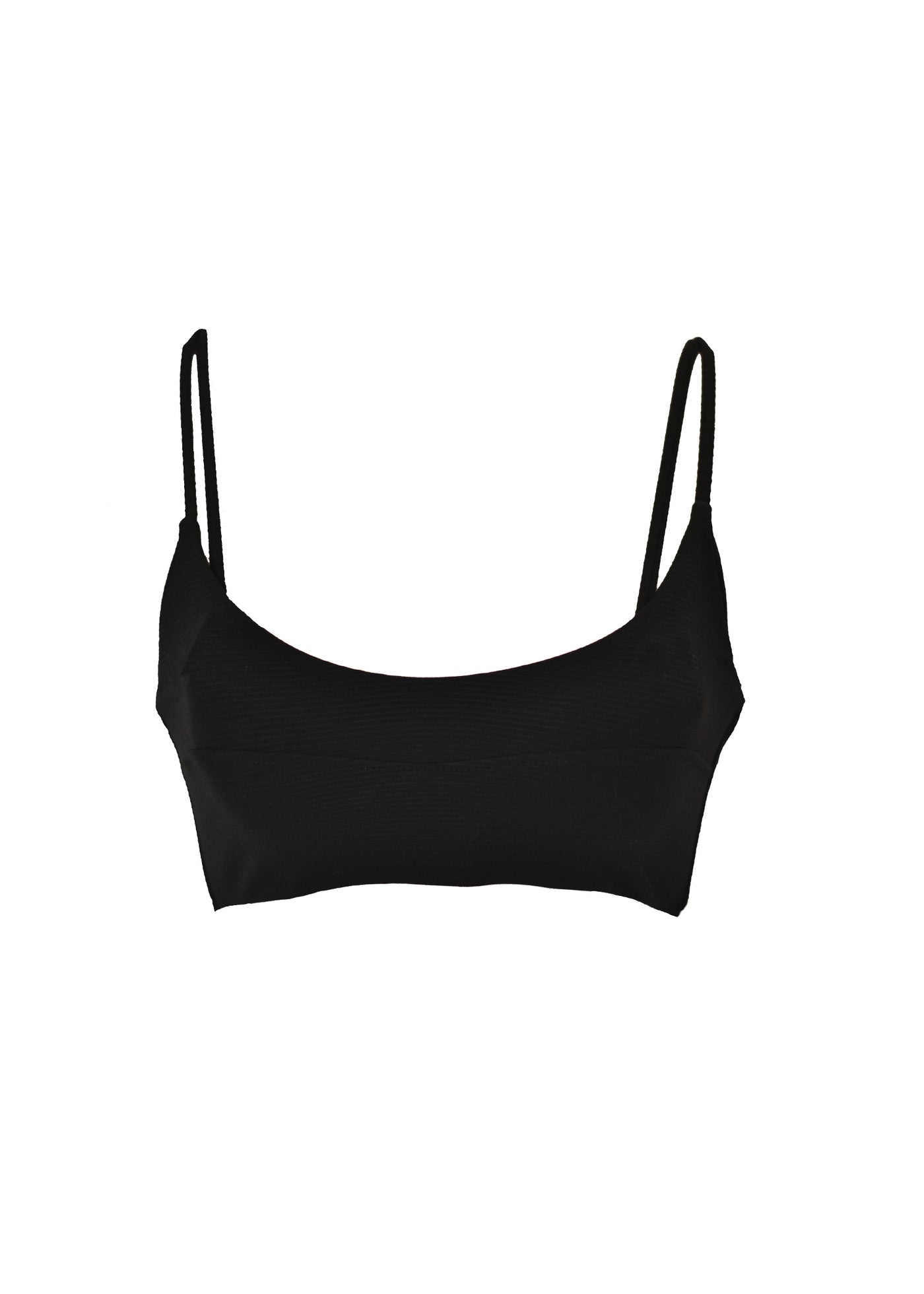 A black ribbed bikini crop top with seam detail across the bust and thin straps. The bikini top is made from sustainable, recycled material