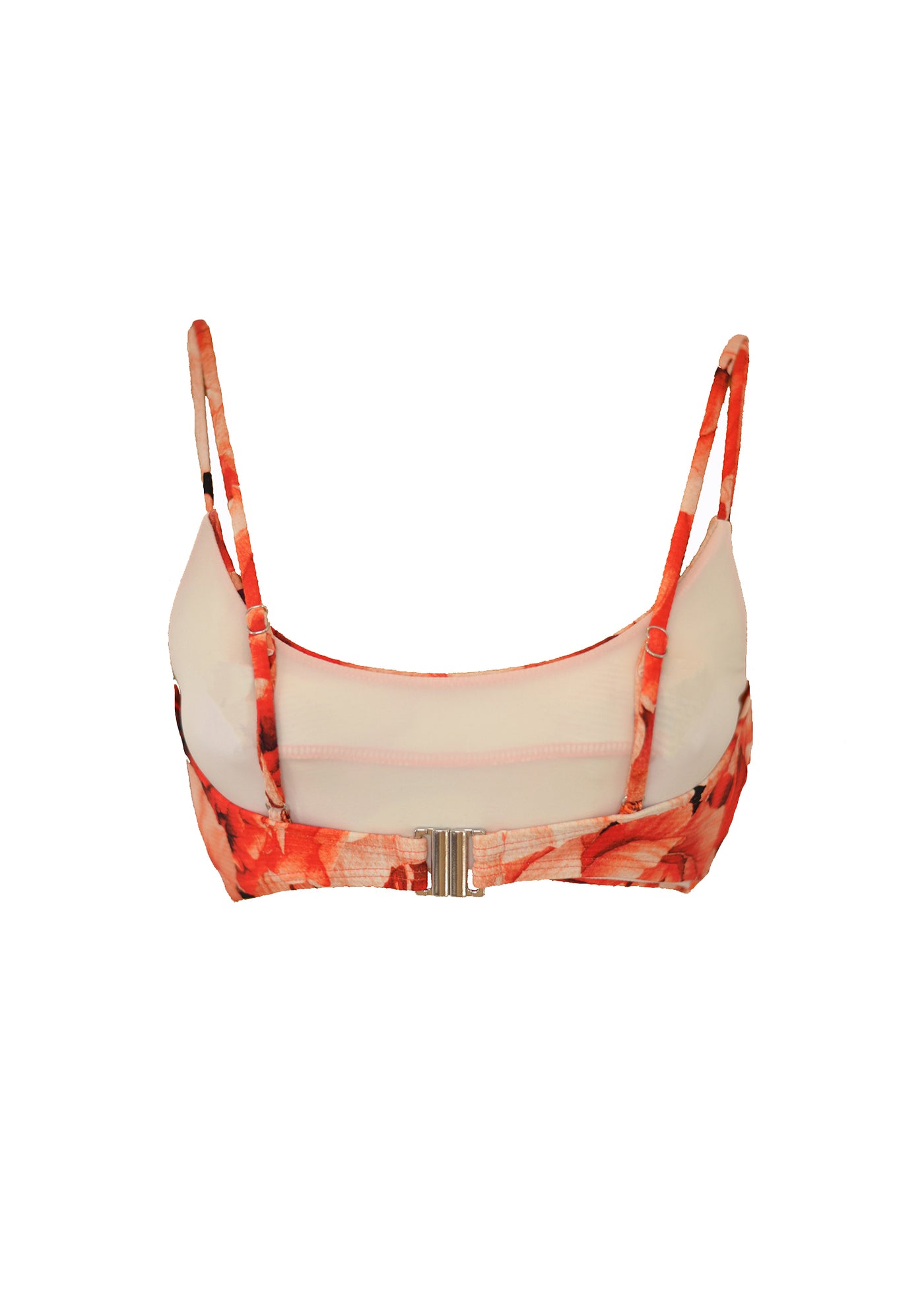 A  ribbed red floral pattern bikini crop top with seam detail across the bust and thin straps. The bikini top is made from sustainable, recycled material