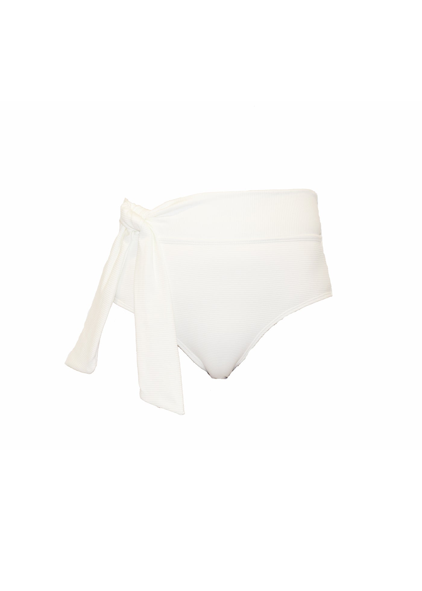 Ribbed White bikini bottoms made from recycled sustainable material. The bikini bottoms have a tie up waist and can be high waisted or worn lower down